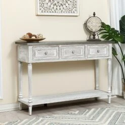 LuxenHome Distressed White Wood And Metal 3-Drawer 1-Shelf Console And Entry Table -Garden GUEST fddd2ac5 e2d1 4667 b04e 6d3ac11a6066