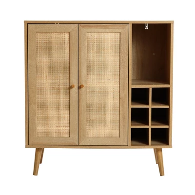 LuxenHome 35" Tall 2-Door Rattan Light Oak Finish Wood Wine And Storage Cabinet Brown 13 LuxenHome 35" Tall 2-Door Rattan Light Oak Finish Wood Wine And Storage Cabinet Brown - Image 11